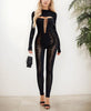 Black Mesh Cutout Long Sleeve Catsuit Bodysuit
