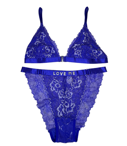 Blue lace lingerie set with 'LOVE ME' waistband on a white background