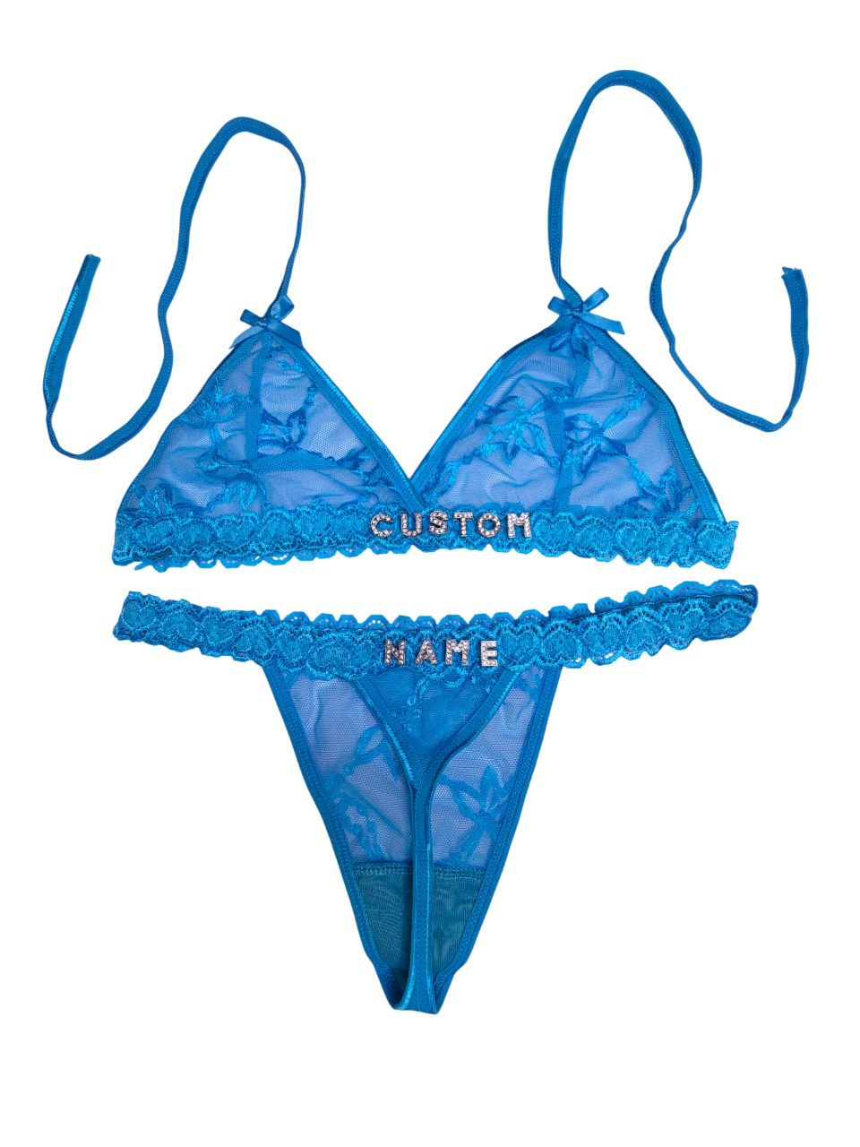 Blue lace lingerie set with 'CUSTOM NAME' embroidery on a white background