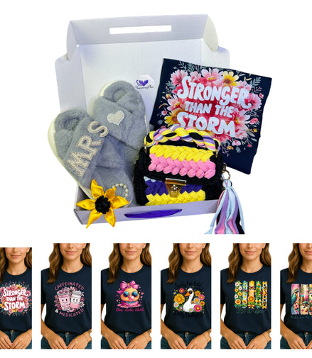 Product set with accessories and t-shirts featuring various designs in a box.