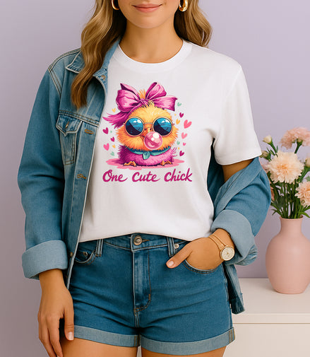 Woman wearing white One Cute Chick graphic T-shirt with a chick in sunglasses blowing bubblegum, handmade organic cotton fun fashion tee