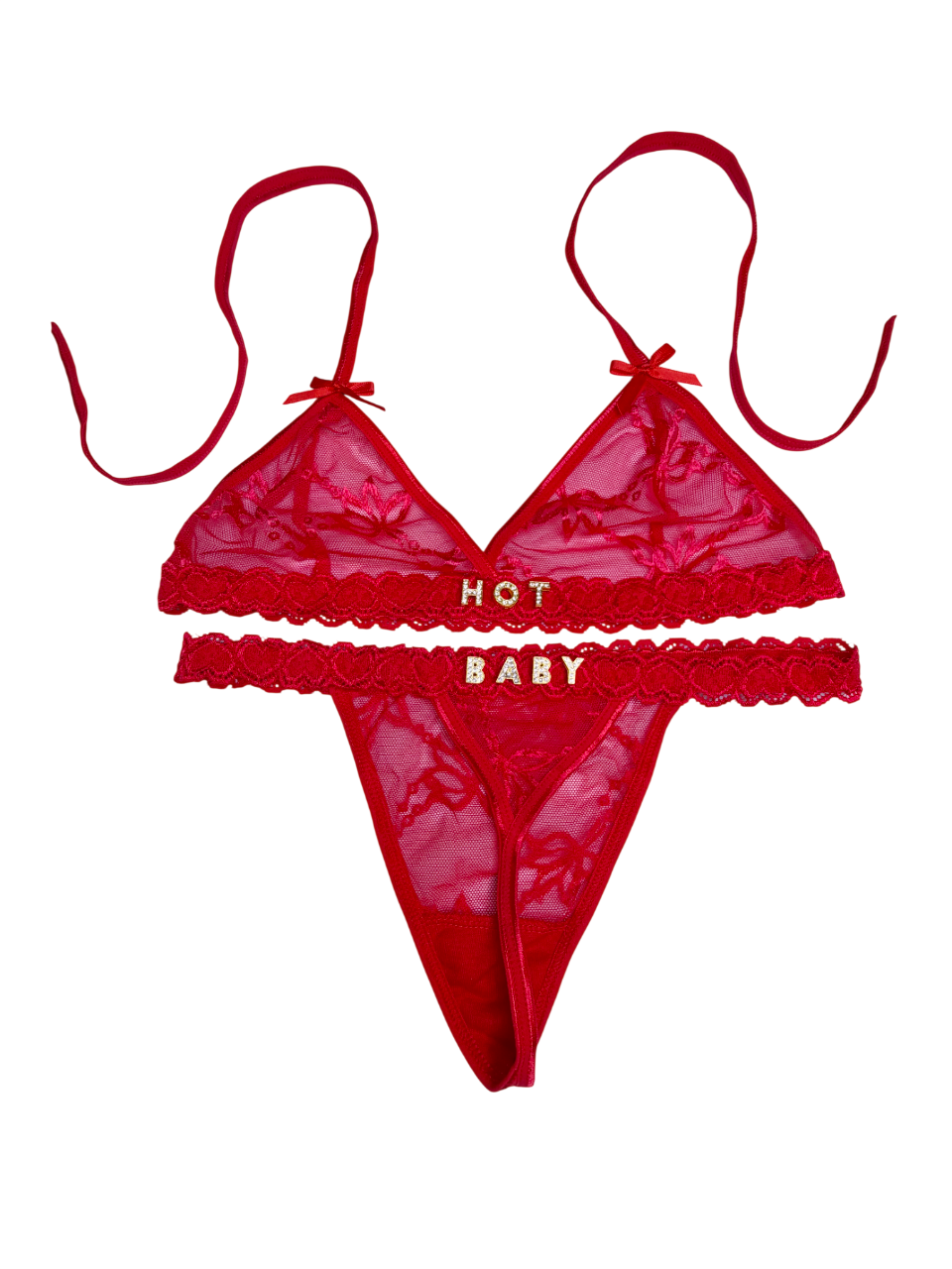Red bikini set with 'Hot Baby' text on a white background