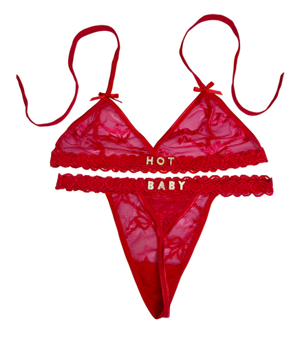 Red bikini set with 'Hot Baby' text on a white background