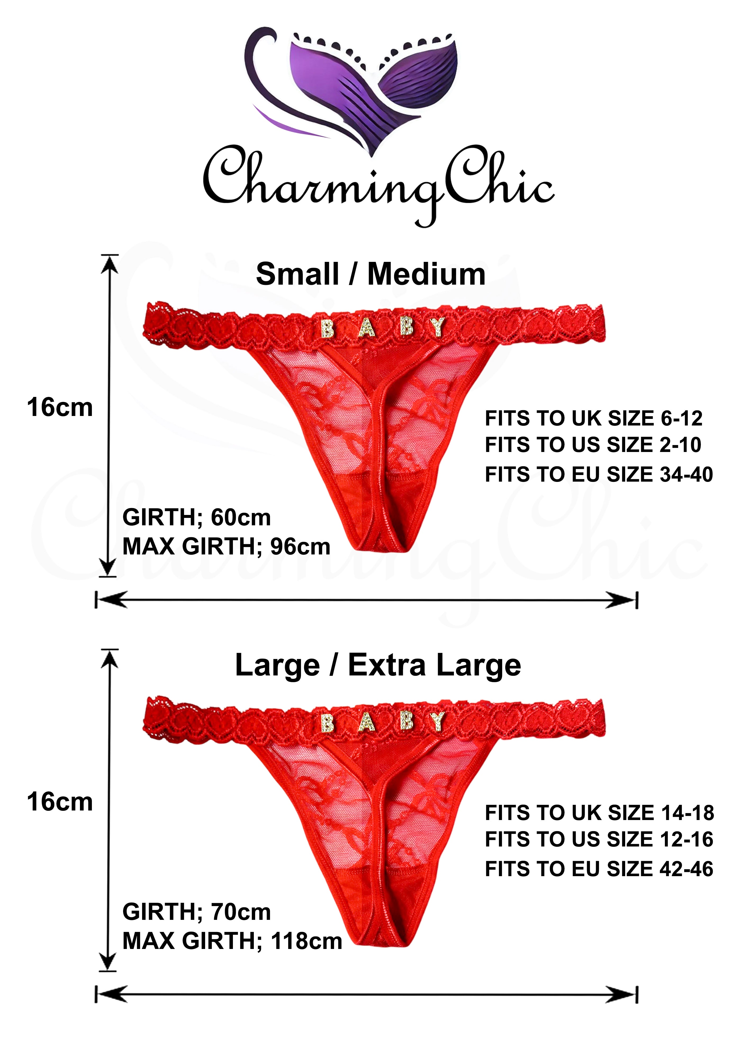 Red lace thong with size chart and Charming Chic branding