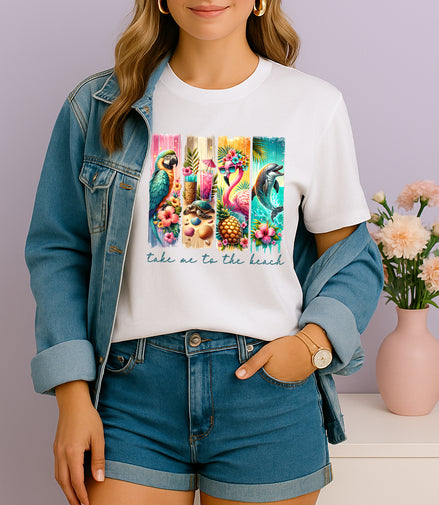Woman wearing white Take Me to the Beach tropical graphic T-shirt with parrots, flamingos, and dolphins, handmade organic cotton summer fashion tee