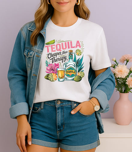 Woman wearing white Tequila Cheaper Than Therapy graphic T-shirt with tequila bottle and lime design, handmade organic cotton fun fashion tee