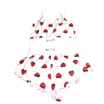 Baby girl outfit with strawberry pattern on a white background