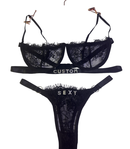 Black lace lingerie set with 'Custom' and 'Sexy' text on a white background