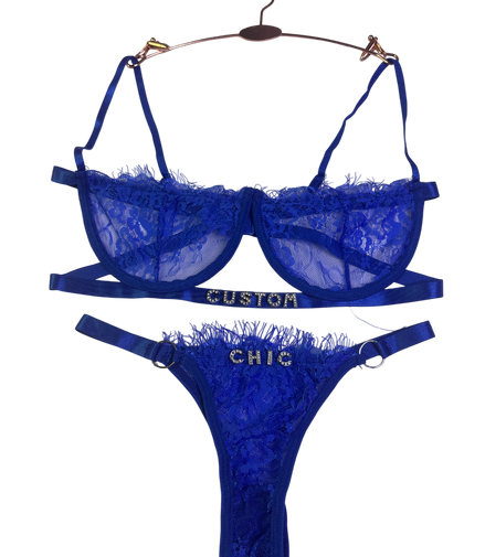 Blue lace lingerie set with 'Custom Chic' branding on a white background