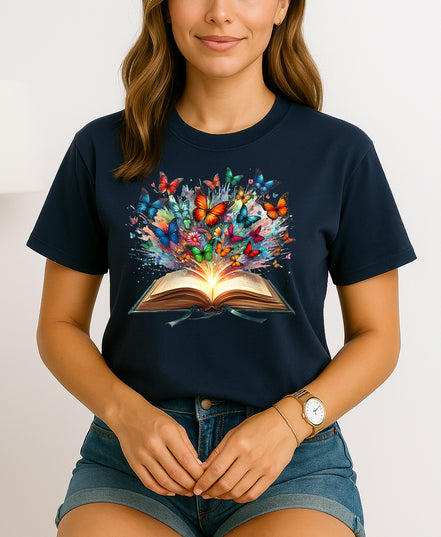 Person wearing a dark blue t-shirt with a colorful butterfly design on a white background
