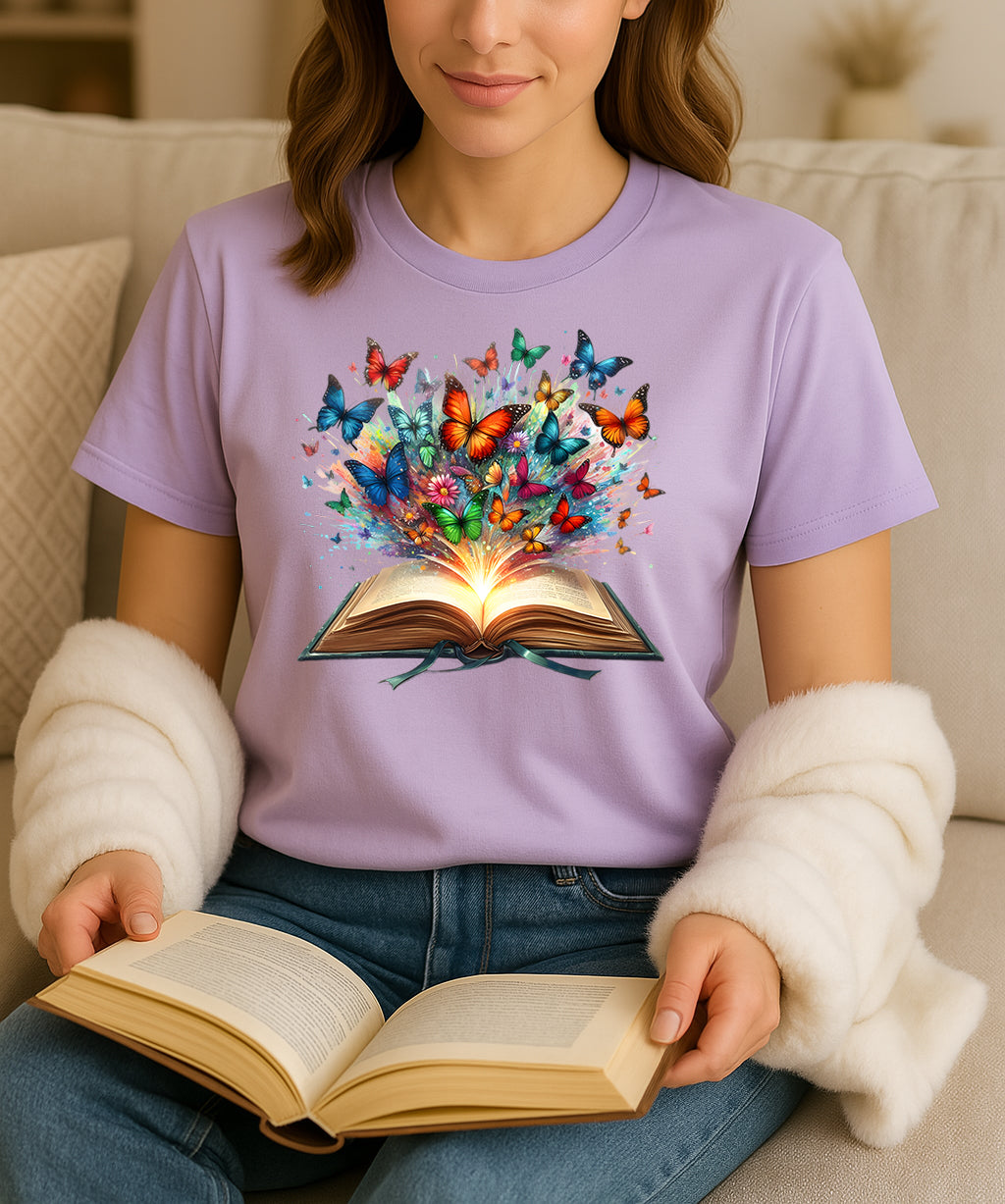 Person wearing a purple t-shirt with a colorful butterfly design and holding an open book.