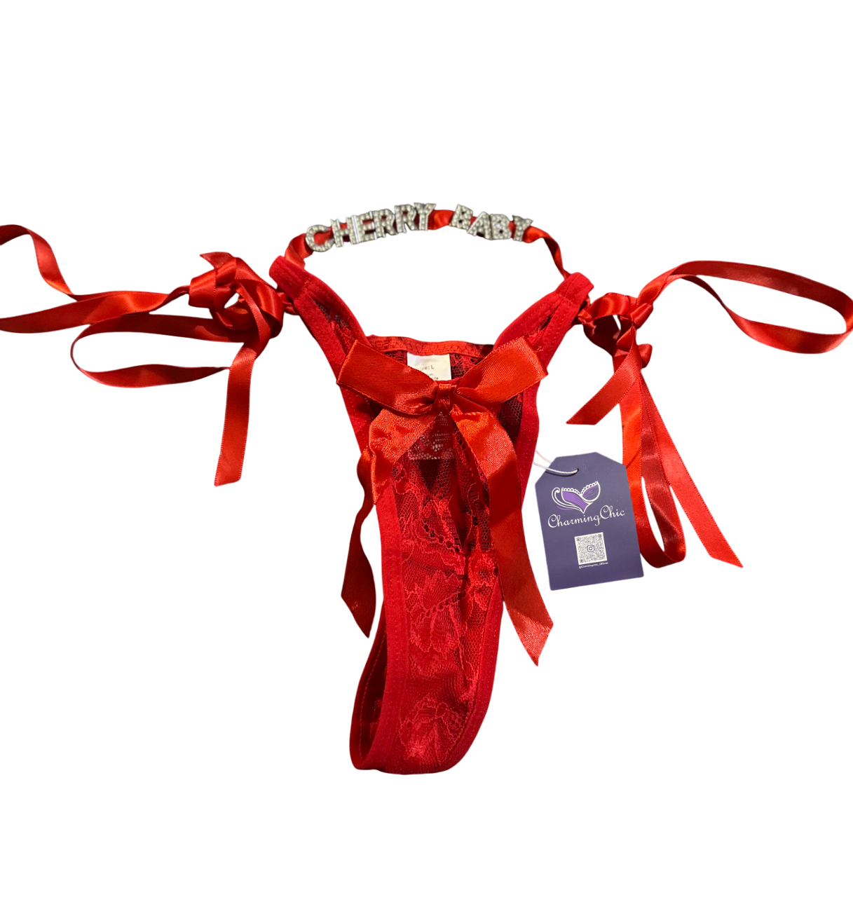 Red velvet thong with ribbons and a tag on a white background
