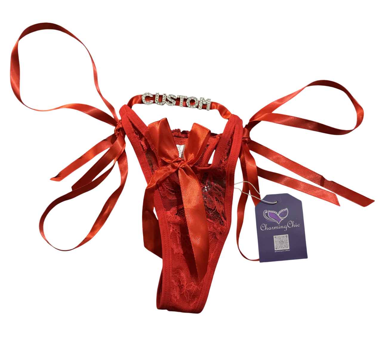Red lace lingerie set with ribbons and a 'Custom' label, on a white background.