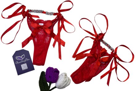 Red lingerie set with ribbons and a purple tag on a white background