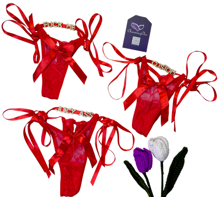 Red satin necklaces with ribbons, a purple tag, and decorative flowers on a white background.
