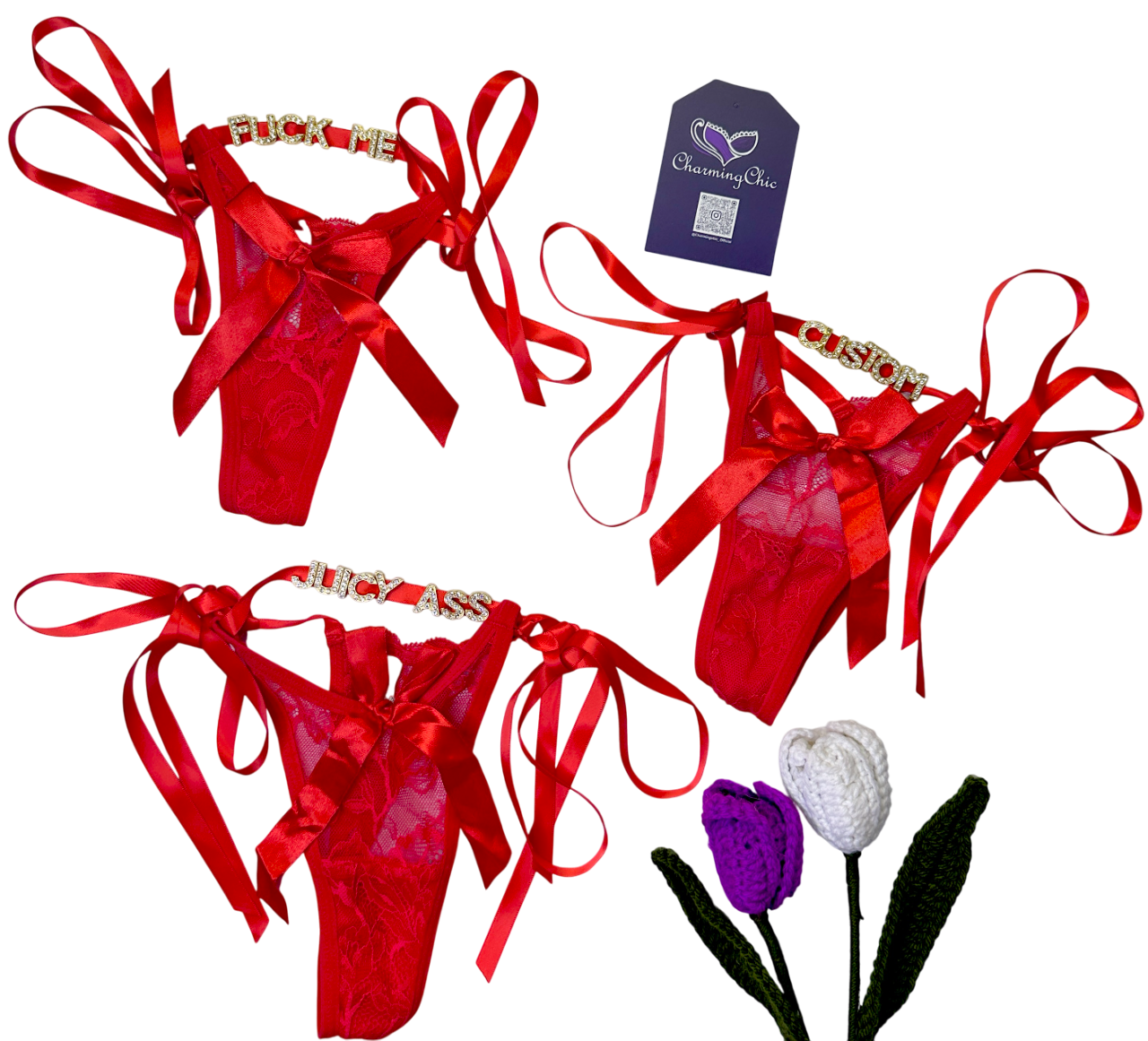 Red satin necklaces with ribbons, a purple tag, and decorative flowers on a white background.