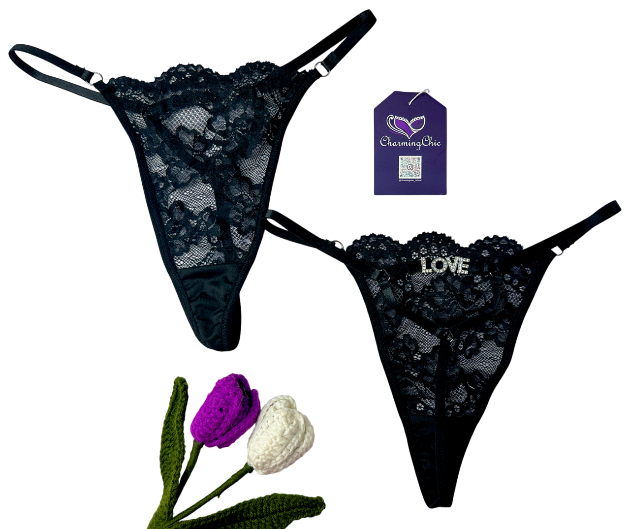 Black lace lingerie set with 'LOVE' embroidery, Charming Sue tag, and decorative flowers on a white background.
