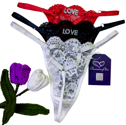 Romantic lace thong with “LOVE” charm detail. Sexy, feminine, and customizable— perfect for Valentine’s, anniversaries, or gifting.