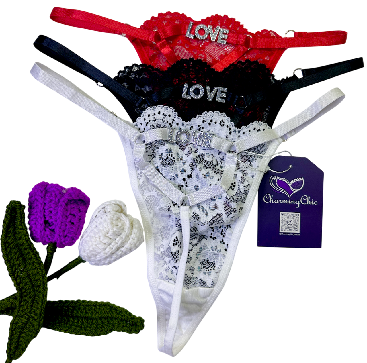 Romantic lace thong with “LOVE” charm detail. Sexy, feminine, and customizable— perfect for Valentine’s, anniversaries, or gifting.