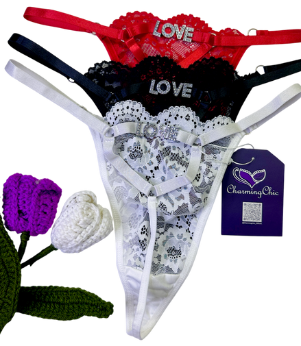 Romantic lace thong with “LOVE” charm detail. Sexy, feminine, and customizable— perfect for Valentine’s, anniversaries, or gifting.