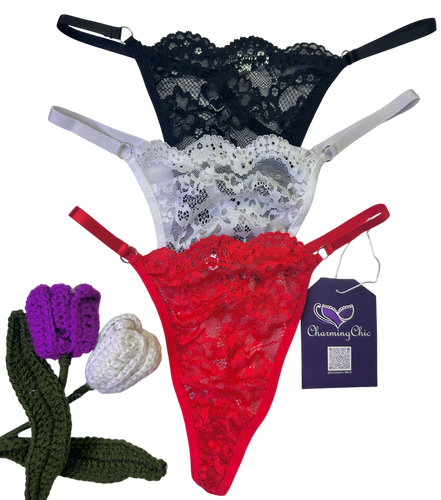 Three lace lingerie pieces in black, white, and red with a 'Charming Chick' tag on a white background.