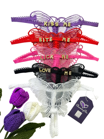 Personalized butterfly lace thong with custom name charms. Flirty, feminine, and handcrafted for a unique lingerie piece—perfect for gifts or self-love.