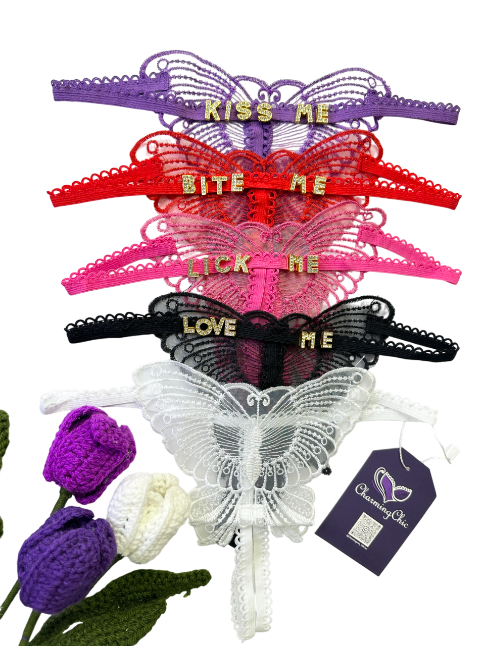 Personalized butterfly lace thong with custom name charms. Flirty, feminine, and handcrafted for a unique lingerie piece—perfect for gifts or self-love.