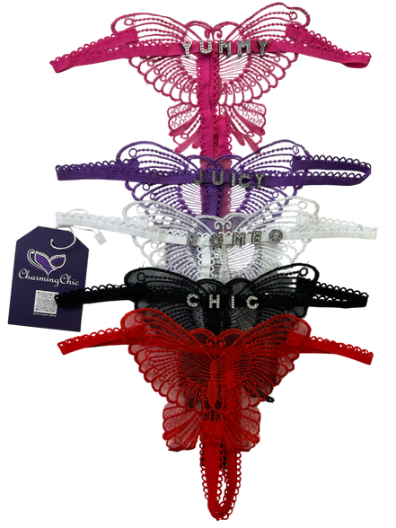 Set of colorful lace hangers with 'Yummy', 'Juicy', 'Chic', and 'One More' text on a white background.