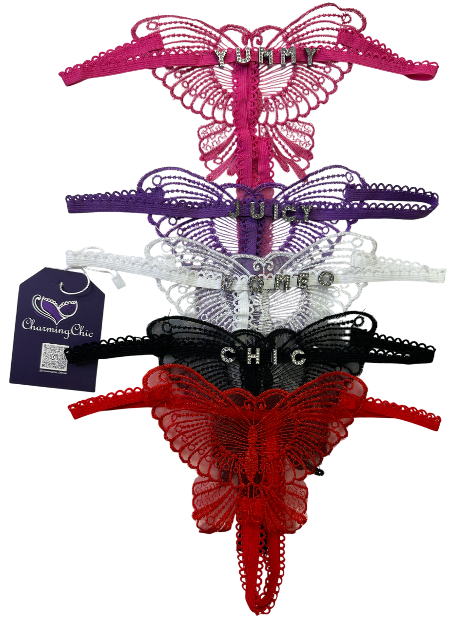 Set of colorful lace hangers with 'Yummy', 'Juicy', 'Chic', and 'One More' text on a white background.