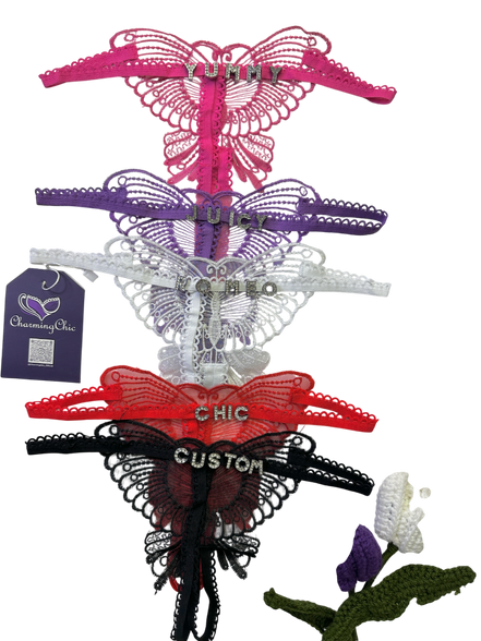 Set of colorful lace hangers with 'Charming Chic' branding on a white background.