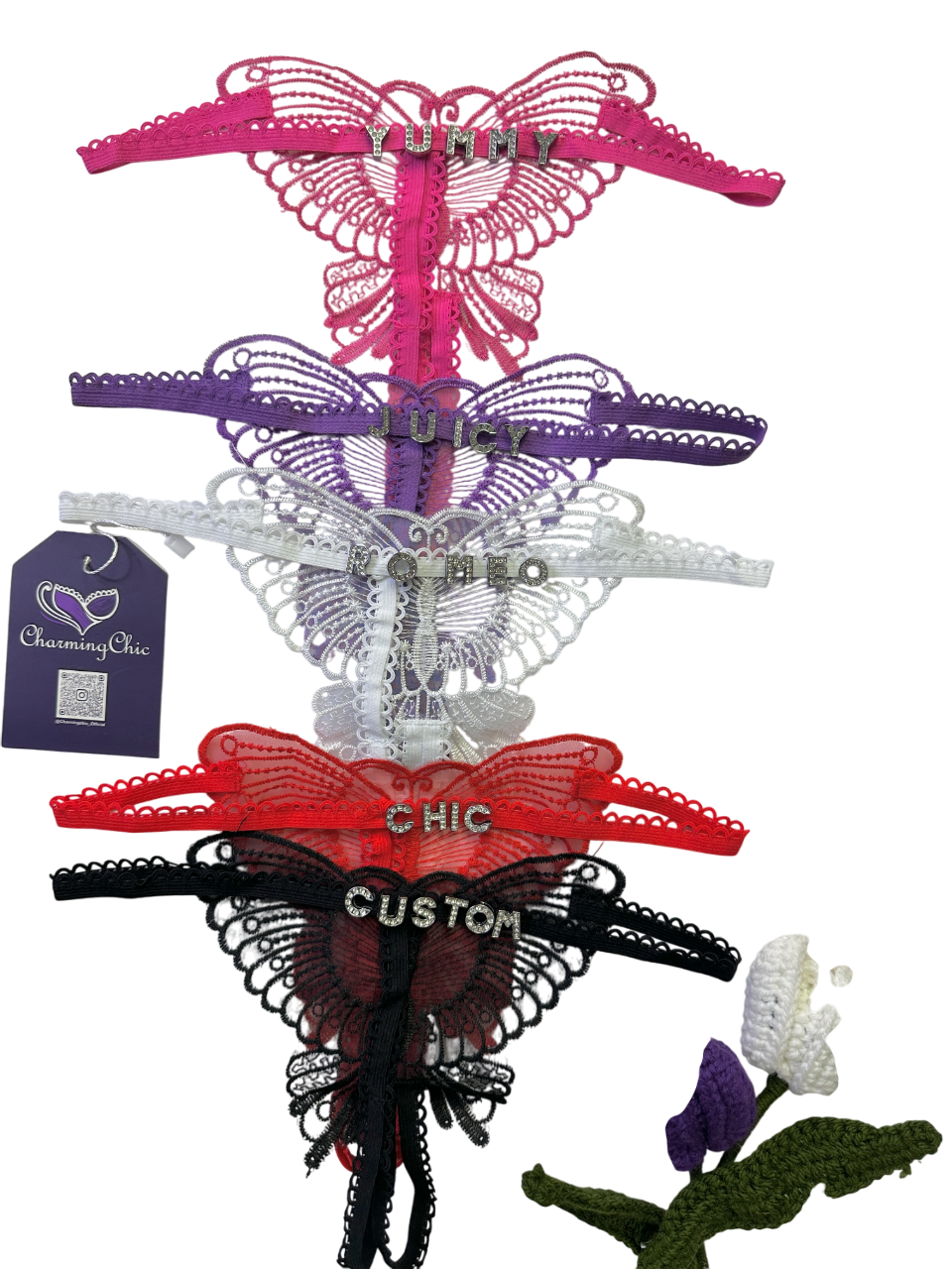 Set of colorful lace hangers with 'Charming Chic' branding on a white background.