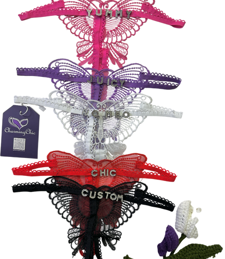 Set of colorful lace hangers with 'Charming Chic' branding on a white background.