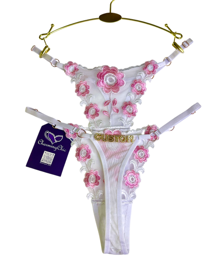 Custom embroidered floral lace thong with personalized name detail in white
