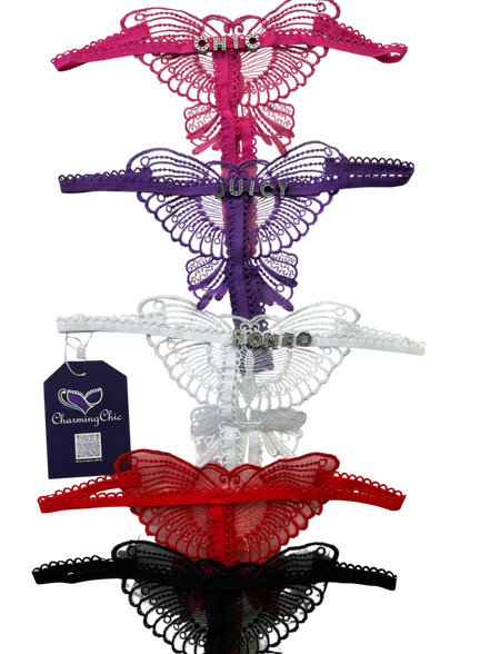 Personalized butterfly lace thong with custom name charms. Flirty, feminine, and handcrafted for a unique lingerie piece—perfect for gifts or self-love.