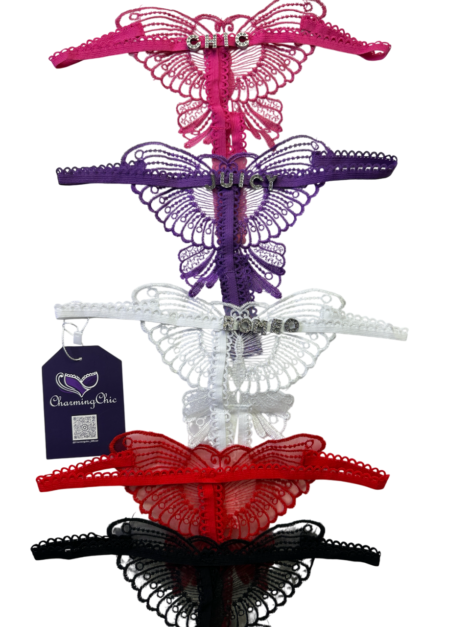 Personalized butterfly lace thong with custom name charms. Flirty, feminine, and handcrafted for a unique lingerie piece—perfect for gifts or self-love.