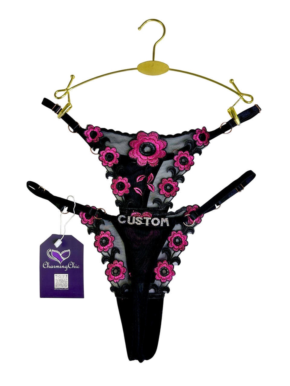 Custom embroidered floral lace thong with personalized name detail in red, white, and black colors.