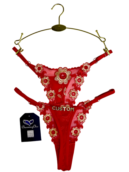Custom embroidered floral lace thong with personalized name detail in red