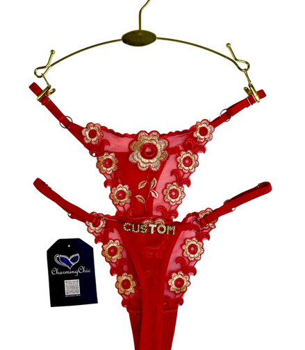 Custom embroidered floral lace thong with personalized name detail in red