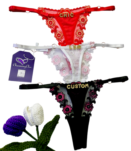 Custom embroidered floral lace thong with personalized name detail in red, white, and black colors.
