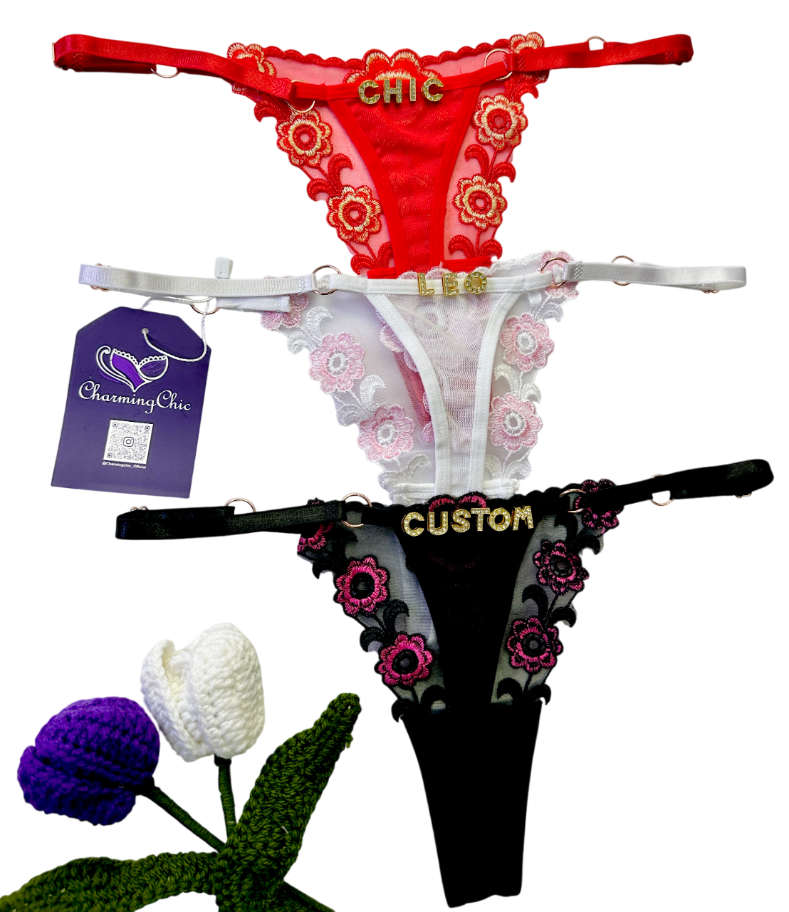 Custom embroidered floral lace thong with personalized name detail in red, white, and black colors.