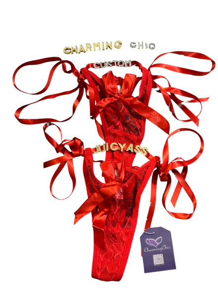 Custom red lace ribbon thong with satin bow ties and personalized letter charms.
