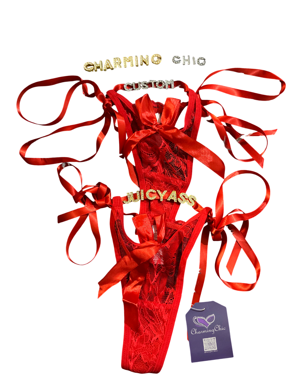 Custom red lace ribbon thong with satin bow ties and personalized letter charms.