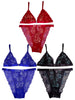 Set of three lace lingerie sets in red, blue, and black with text on a white background.