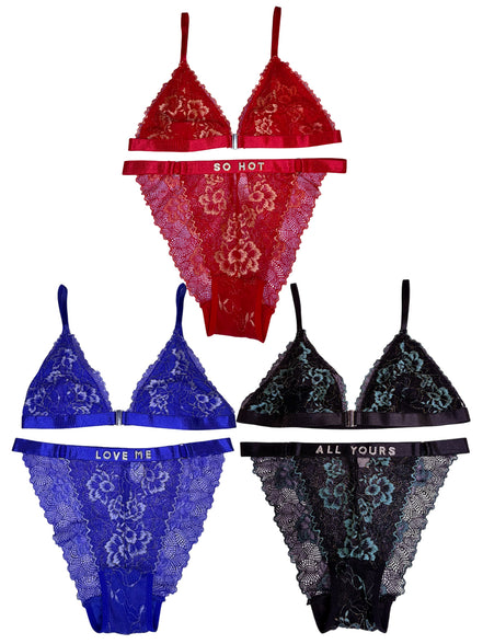 Set of three lace lingerie sets in red, blue, and black with text on a white background.