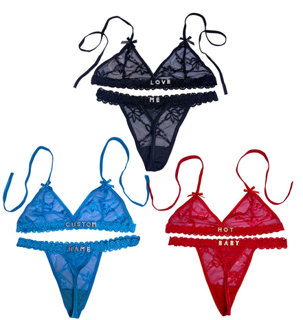 Set of three lace lingerie sets in black, blue, and red with embroidered text on a white background.