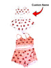 Pink strawberry-themed lingerie set with a custom name label on a white background