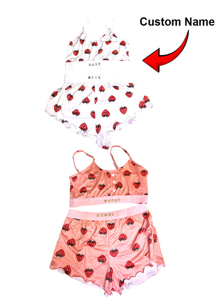Pink strawberry-themed lingerie set with a custom name label on a white background