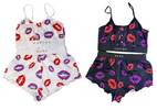 Two swimsuit sets with lip print design on a white background