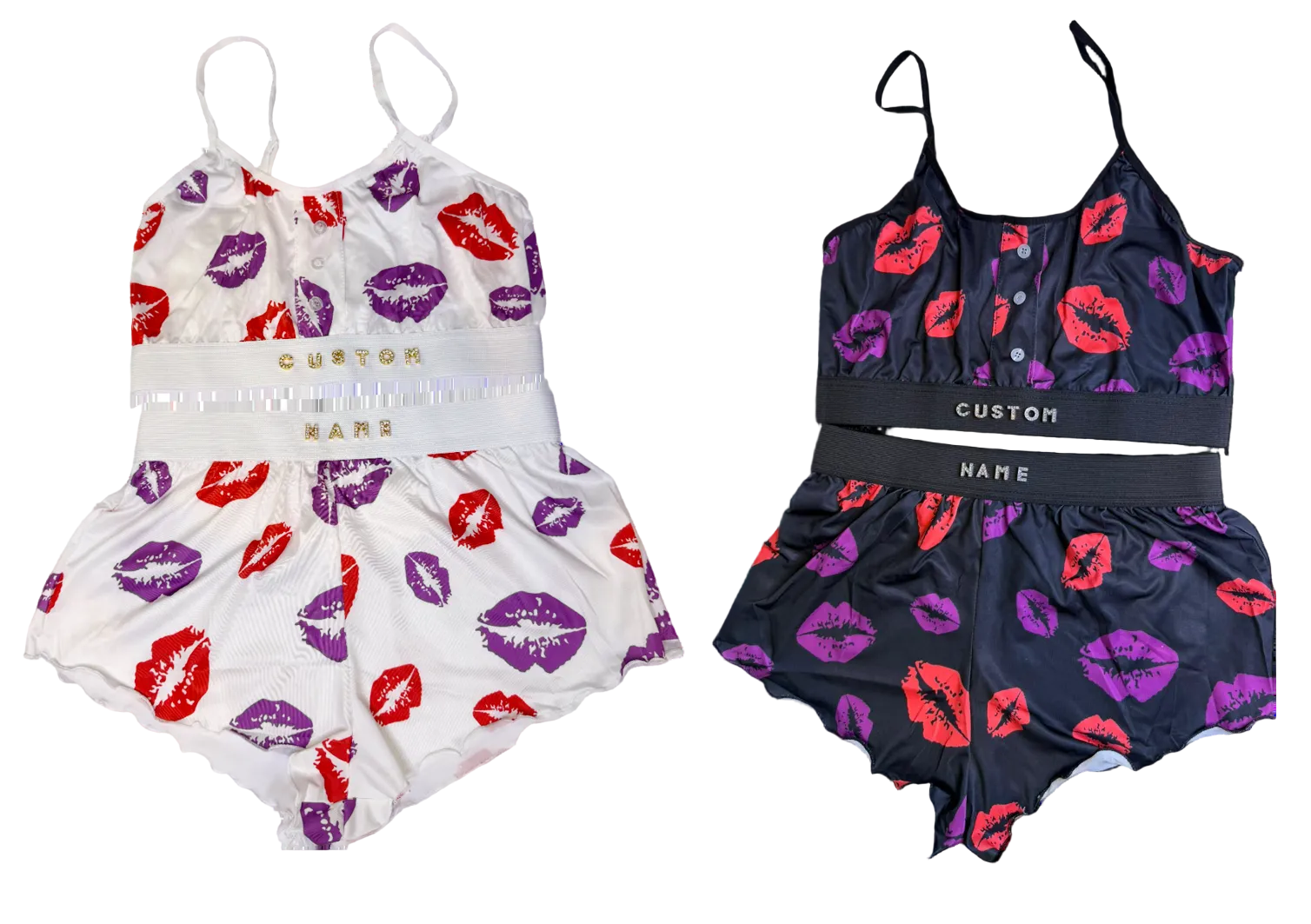 Two swimsuit sets with lip print design on a white background