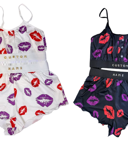 Two swimsuit sets with lip print design on a white background